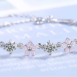 925 Sterling Silver Flower Cubic Zircon Charm Bracelets Link Chain Adjustable